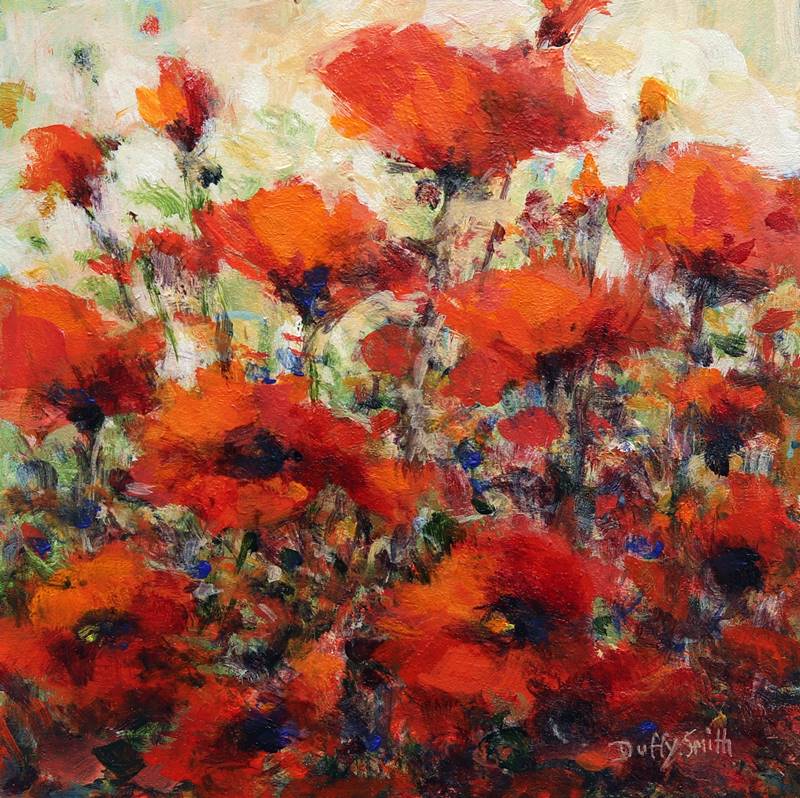 vivid floral small painting of red poppies