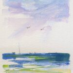 small bright sketch painting of harbor with birds