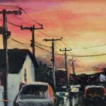 small sunset painting with telephone polls