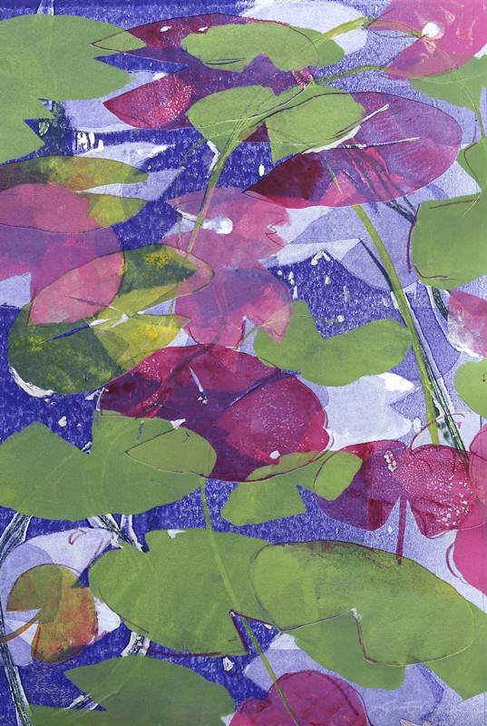 modern colorful monotype of waterlilies