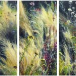 triptych painting of bright flowers on a dark background