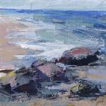 small seascape sketch oil painting of rocks and shoreline