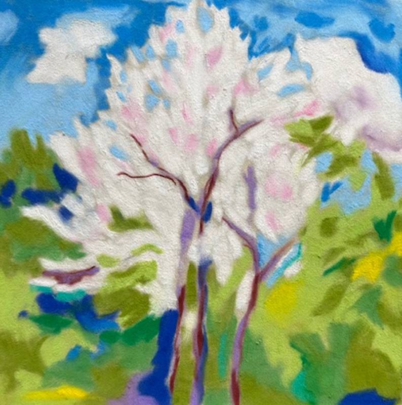 small expressive soft pastel of a cherry tree in bloom