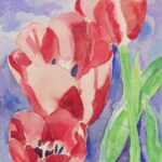 small square watercolor of colorful pink and red tulips