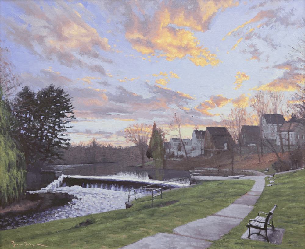 South Natick Falls sunset oil painting