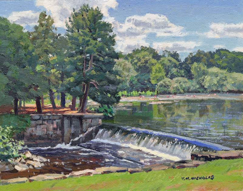 oil painting of South Natick Falls in summer by T.M. Nicholas