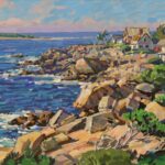 gouache painting on the sunlit, rocky coastline of Cape Ann