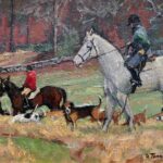 Oil painting of fox hunt scene with horses
