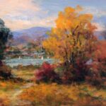 small autumn painting of distant sailboats