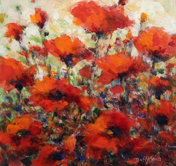 vivid floral small painting of red poppies