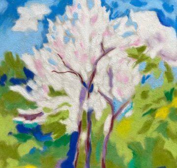 small expressive soft pastel of a cherry tree in bloom