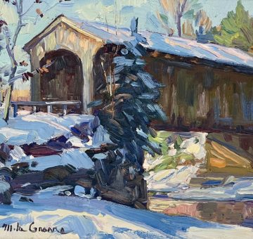 impasto oil painting of a Vermont Covered Bridge in Winter by Mike Graves