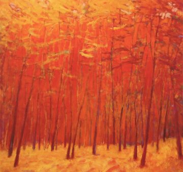 square, fiery red and orange trees done in a Wolf Kahn style