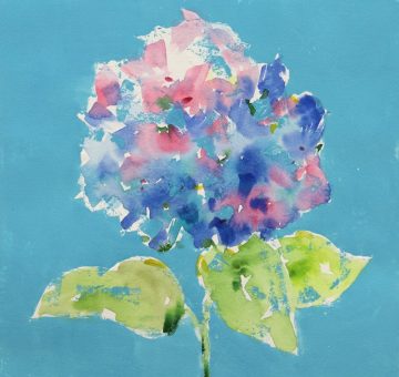 Colorful modern monotype of a hydrangea