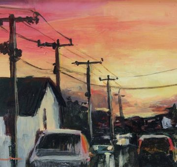 small sunset painting with telephone polls