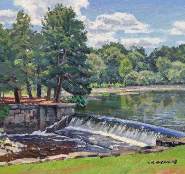 oil painting of South Natick Falls in summer by T.M. Nicholas