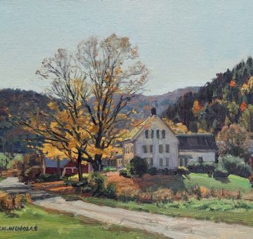 New England farm oil painting with fall foliage by T.M. Nicholas