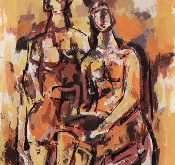 Two figures in mid-century modern abstract painting