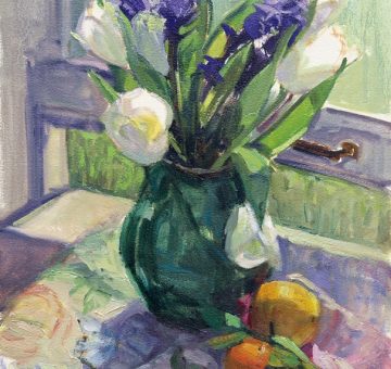 still life oil painting of colorful tulips